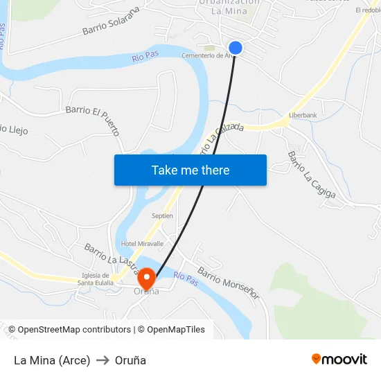 La Mina (Arce) to Oruña map