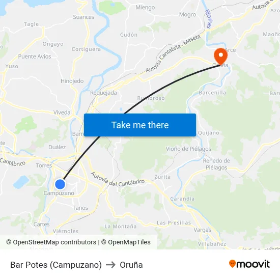 Bar Potes (Campuzano) to Oruña map