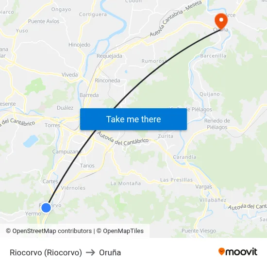 Riocorvo (Riocorvo) to Oruña map