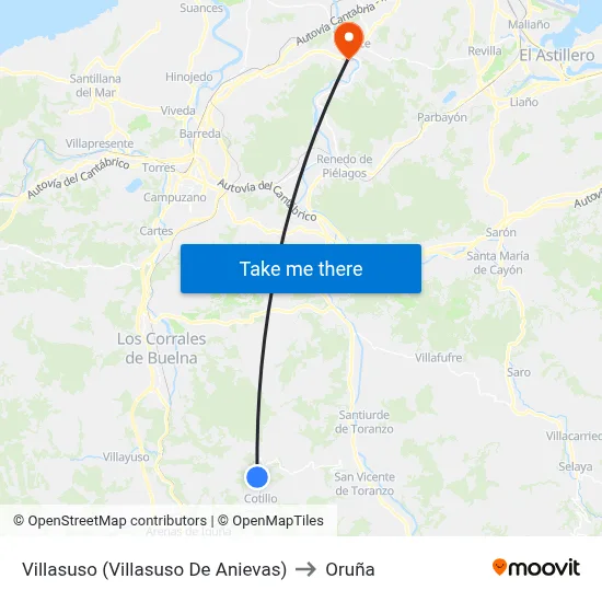 Villasuso (Villasuso De Anievas) to Oruña map