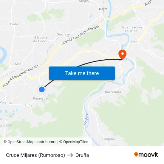 Cruce Mijares (Rumoroso) to Oruña map
