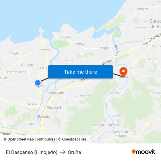 El Descanso (Hinojedo) to Oruña map
