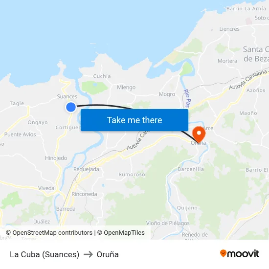 La Cuba (Suances) to Oruña map