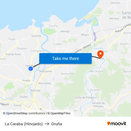 La Caraba (Hinojedo) to Oruña map