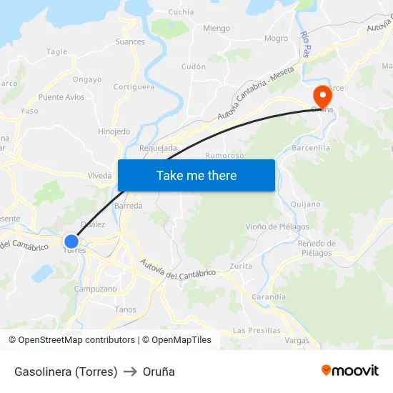Gasolinera (Torres) to Oruña map