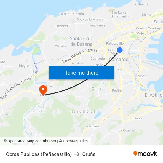 Obras Publicas (Peñacastillo) to Oruña map