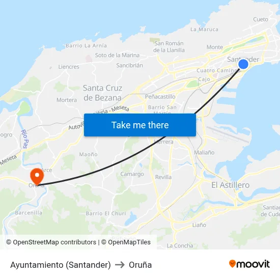 Ayuntamiento (Santander) to Oruña map