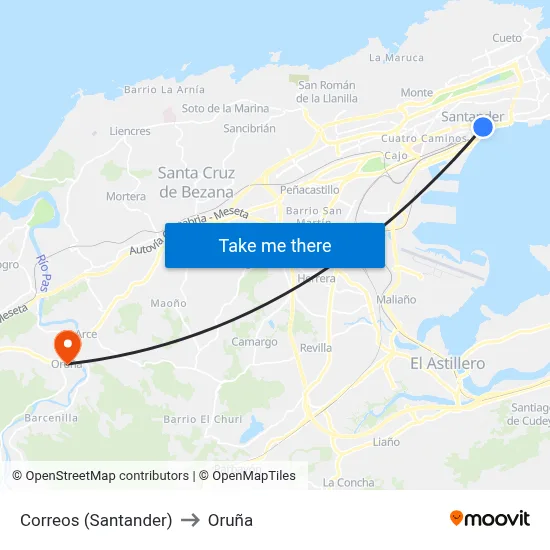 Correos (Santander) to Oruña map