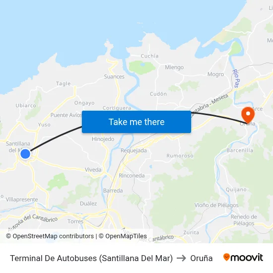 Terminal De Autobuses (Santillana Del Mar) to Oruña map