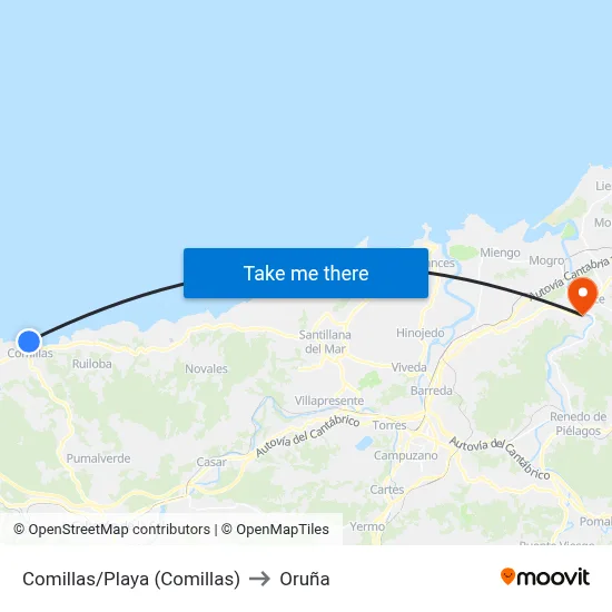 Comillas/Playa (Comillas) to Oruña map
