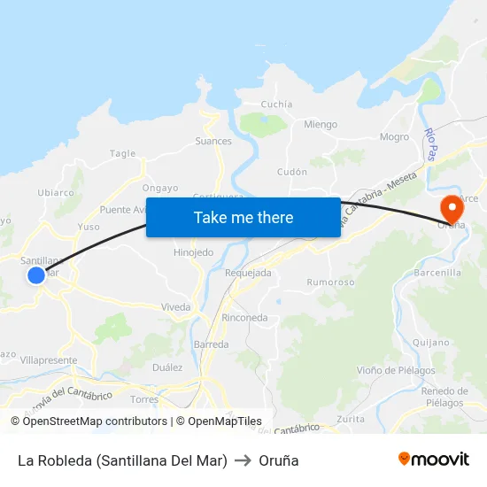 La Robleda (Santillana Del Mar) to Oruña map