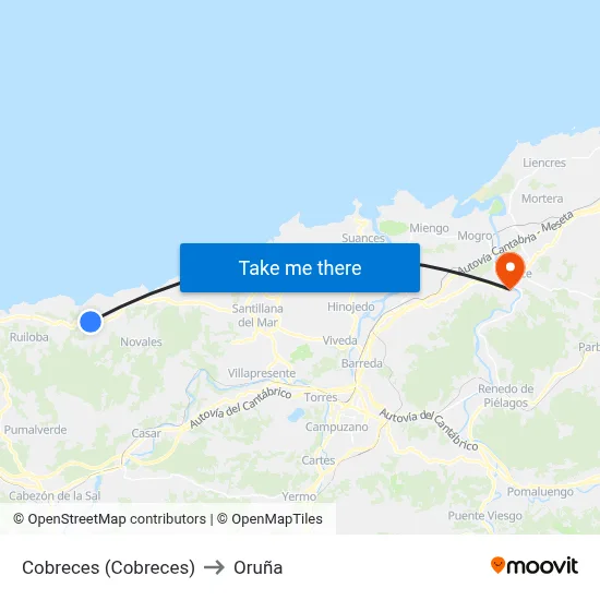 Cobreces (Cobreces) to Oruña map