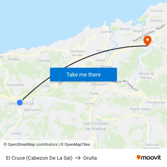 El Cruce (Cabezon De La Sal) to Oruña map