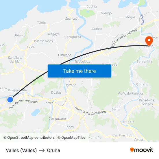 Valles (Valles) to Oruña map
