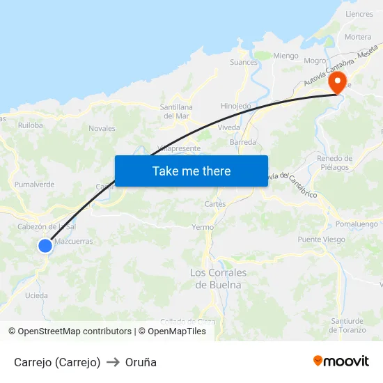 Carrejo (Carrejo) to Oruña map