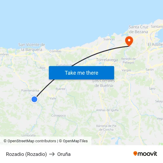 Rozadio (Rozadio) to Oruña map