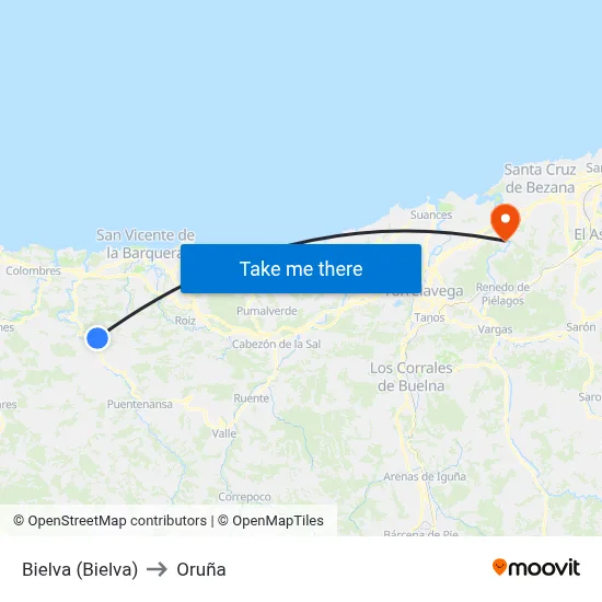 Bielva (Bielva) to Oruña map