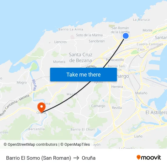 Barrio El Somo (San Roman) to Oruña map