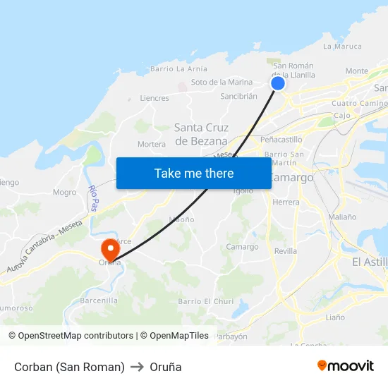 Corban (San Roman) to Oruña map