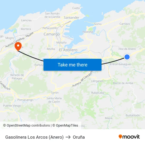 Gasolinera Los Arcos (Anero) to Oruña map