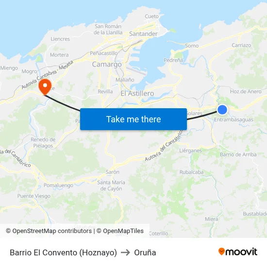 Barrio El Convento (Hoznayo) to Oruña map