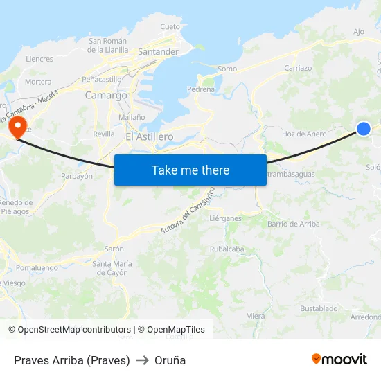 Praves Arriba (Praves) to Oruña map
