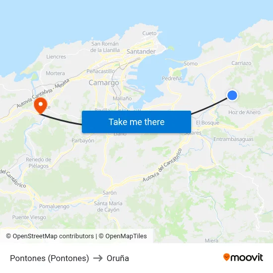 Pontones (Pontones) to Oruña map