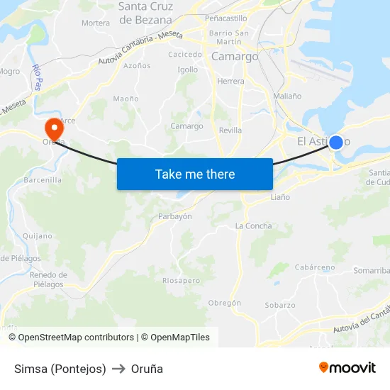 Simsa (Pontejos) to Oruña map