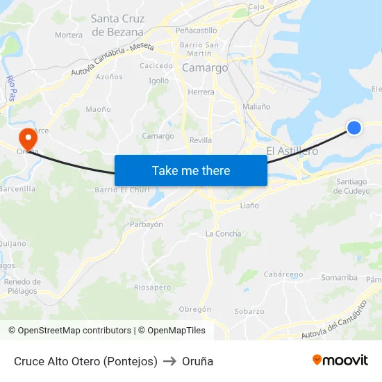 Cruce Alto Otero (Pontejos) to Oruña map
