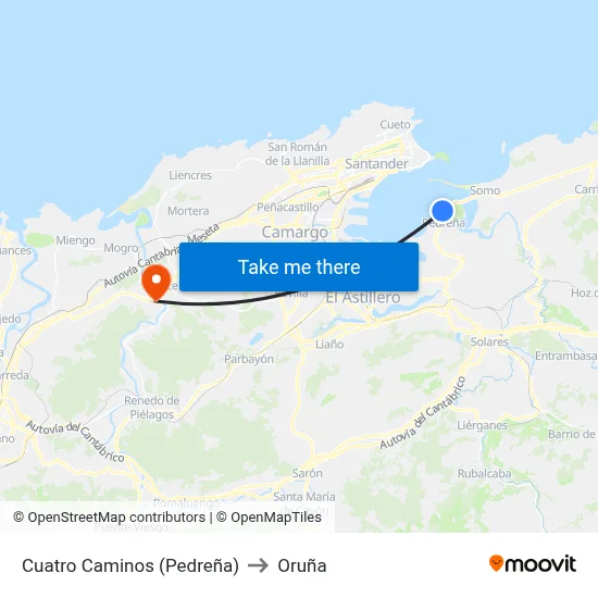 Cuatro Caminos (Pedreña) to Oruña map