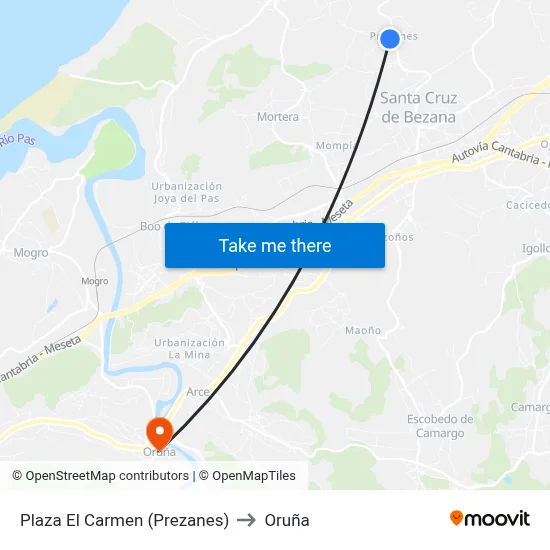 Plaza El Carmen (Prezanes) to Oruña map