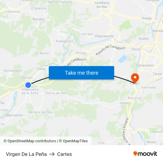 Virgen De La Peña to Cartes map