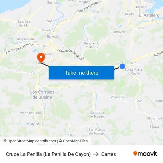 Cruce La Penilla (La Penilla De Cayon) to Cartes map