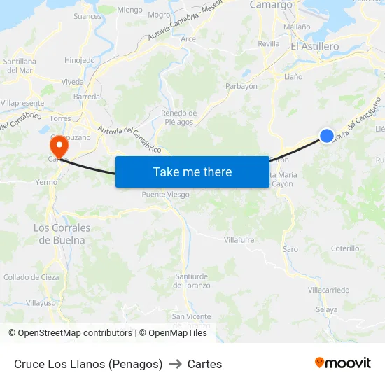 Cruce Los Llanos (Penagos) to Cartes map