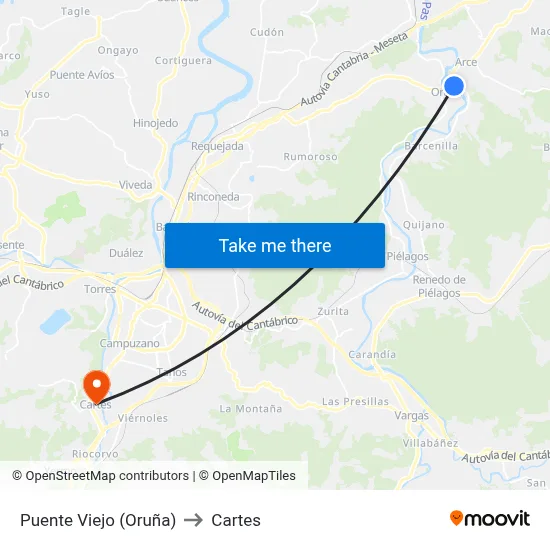 Puente Viejo (Oruña) to Cartes map