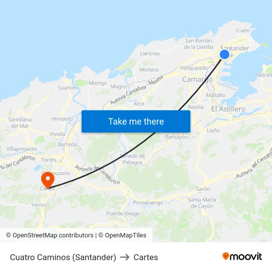 Cuatro Caminos (Santander) to Cartes map