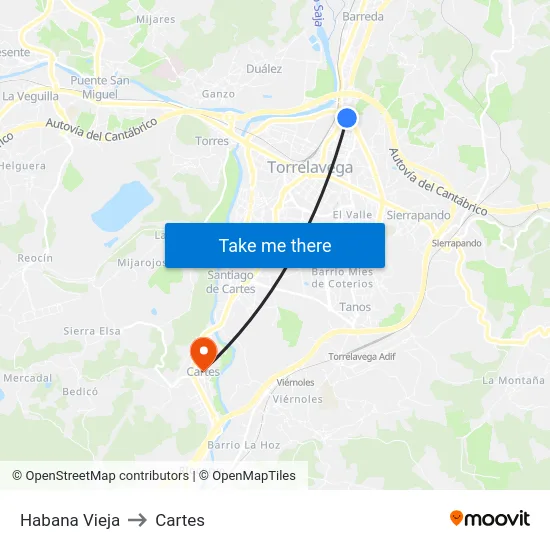 Habana Vieja to Cartes map