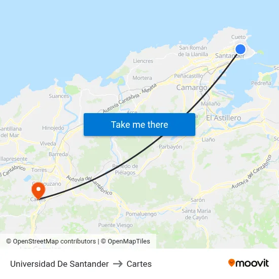 Universidad De Santander to Cartes map