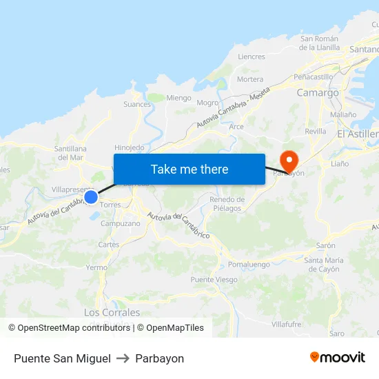 Puente San Miguel to Parbayon map