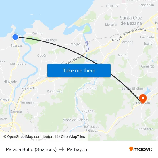 Parada Buho (Suances) to Parbayon map