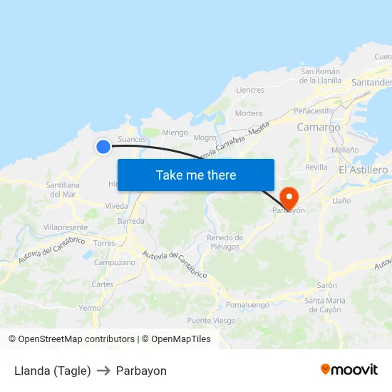 Llanda (Tagle) to Parbayon map