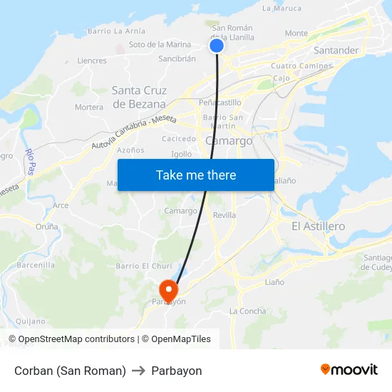 Corban (San Roman) to Parbayon map