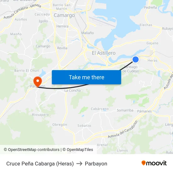 Cruce Peña Cabarga (Heras) to Parbayon map