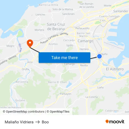 Maliaño Vidriera to Boo map