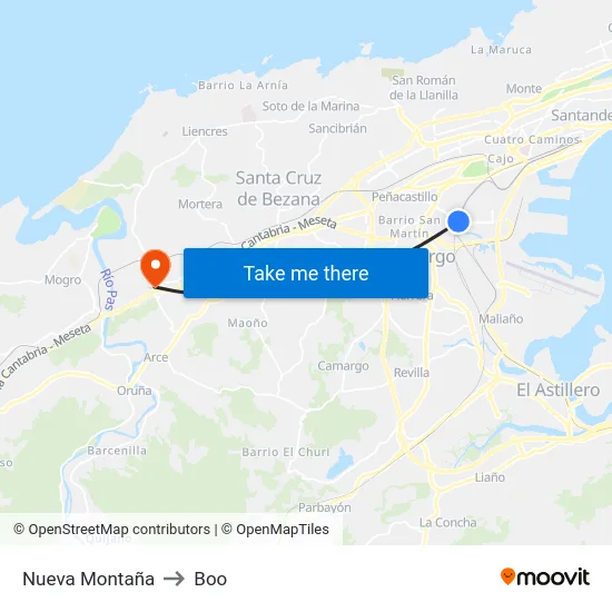 Nueva Montaña to Boo map