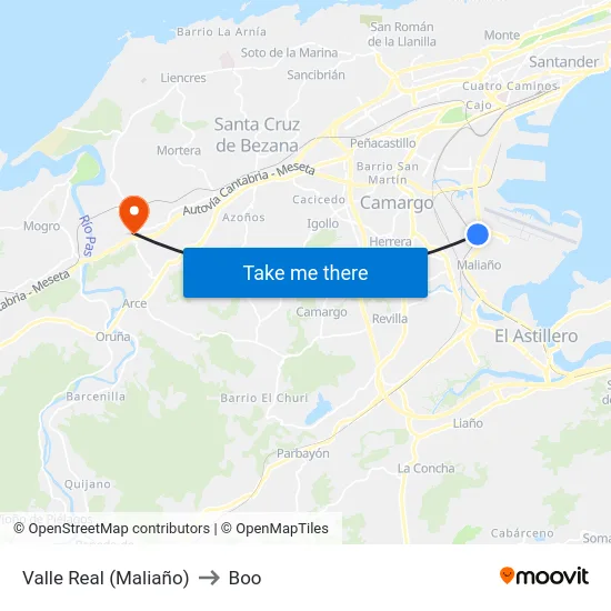 Valle Real (Maliaño) to Boo map