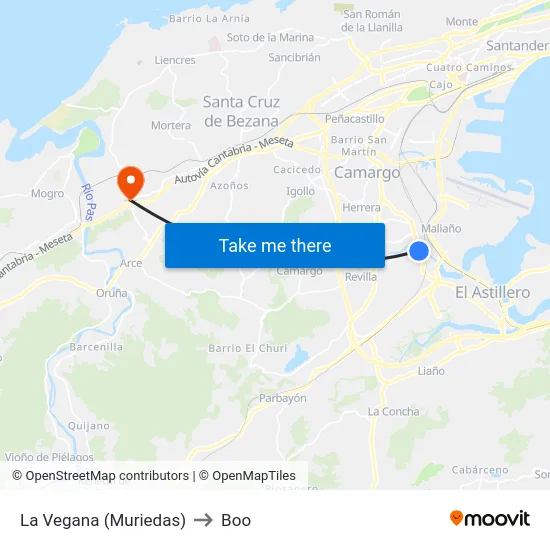 La Vegana (Muriedas) to Boo map