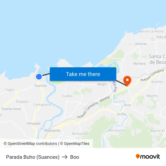Parada Buho (Suances) to Boo map