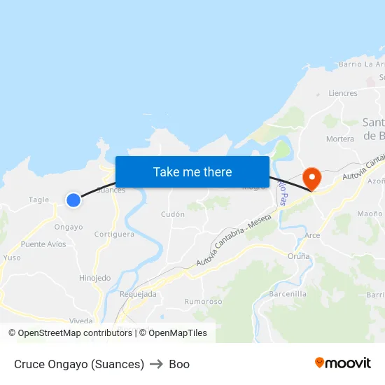 Cruce Ongayo (Suances) to Boo map