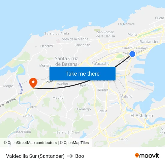 Valdecilla Sur (Santander) to Boo map